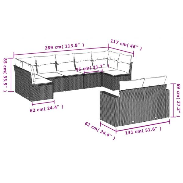 9-tlg. Garten-Sofagarnitur mit Kissen Grau Poly Rattan