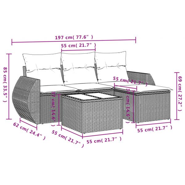 5-tlg. Garten-Sofagarnitur mit Kissen Grau Poly Rattan