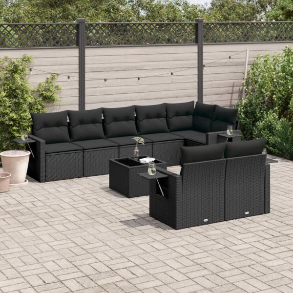 ARDEBO.de - 9-tlg. Garten-Sofagarnitur mit Kissen Schwarz Poly Rattan