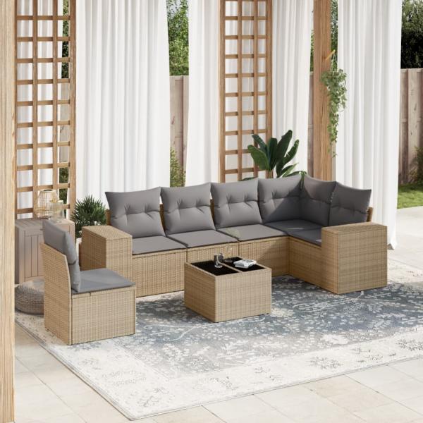 ARDEBO.de - 7-tlg. Garten-Sofagarnitur mit Kissen Beige Poly Rattan