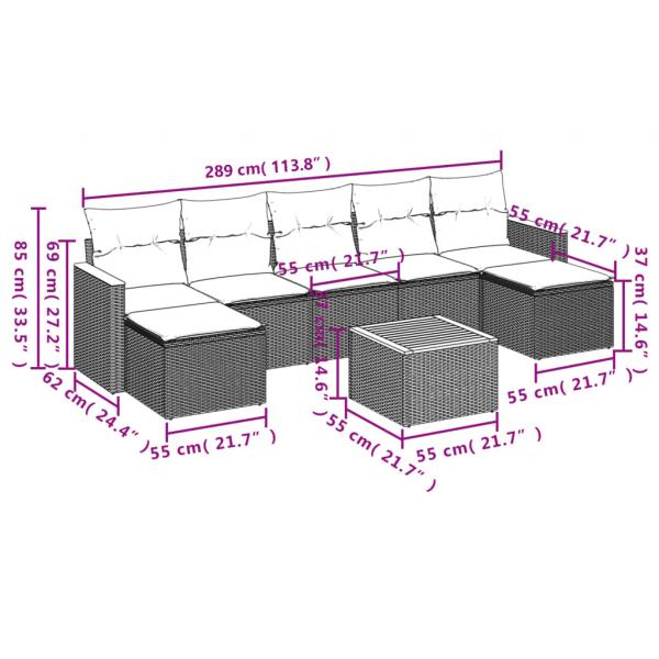 8-tlg. Garten-Sofagarnitur mit Kissen Grau Poly Rattan