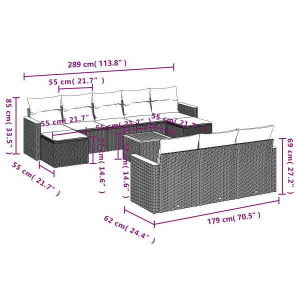 11-tlg. Garten-Sofagarnitur mit Kissen Grau Poly Rattan