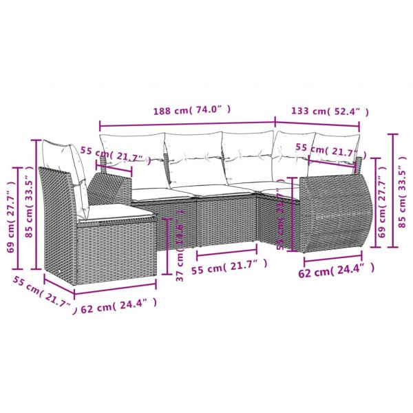 5-tlg. Garten-Sofagarnitur mit Kissen Grau Poly Rattan