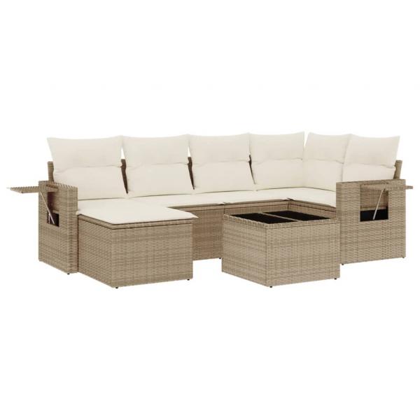 7-tlg. Garten-Sofagarnitur mit Kissen Beige Poly Rattan