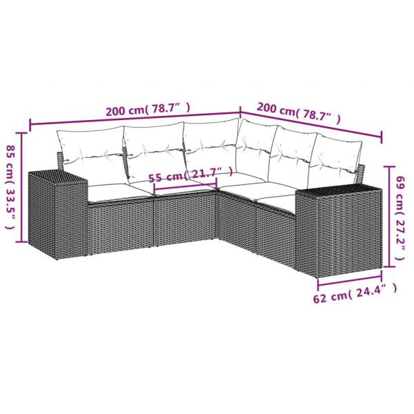 5-tlg. Garten-Sofagarnitur mit Kissen Grau Poly Rattan