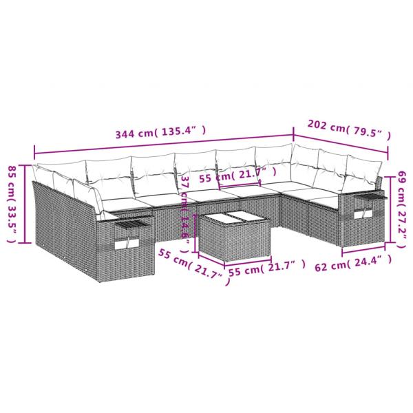 11-tlg. Garten-Sofagarnitur mit Kissen Grau Poly Rattan