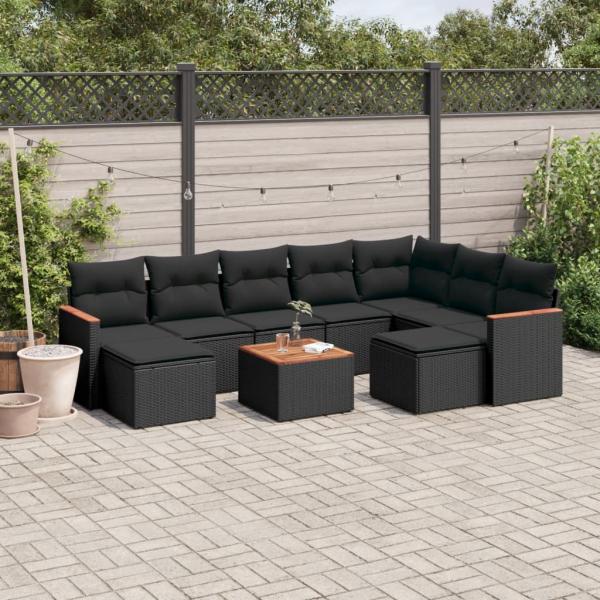 ARDEBO.de - 10-tlg. Garten-Sofagarnitur mit Kissen Schwarz Poly Rattan