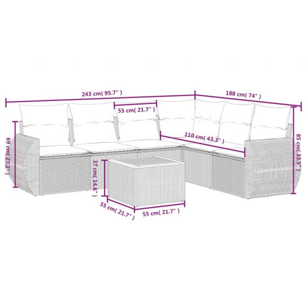 7-tlg. Garten-Sofagarnitur mit Kissen Schwarz Poly Rattan