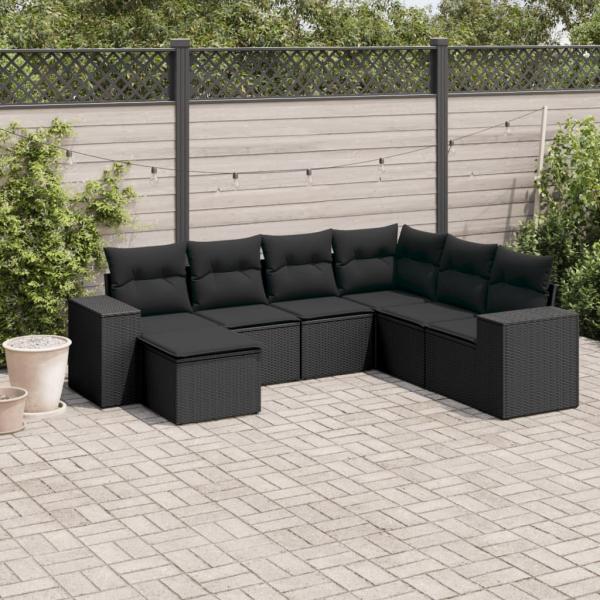 ARDEBO.de - 7-tlg. Garten-Sofagarnitur mit Kissen Schwarz Poly Rattan