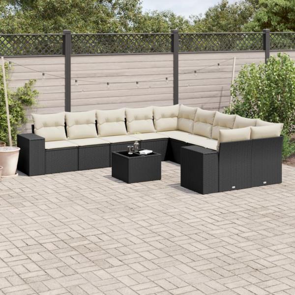 ARDEBO.de - 11-tlg. Garten-Sofagarnitur mit Kissen Schwarz Poly Rattan