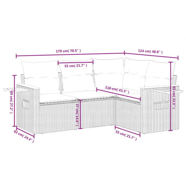 4-tlg. Garten-Sofagarnitur mit Kissen Grau Poly Rattan