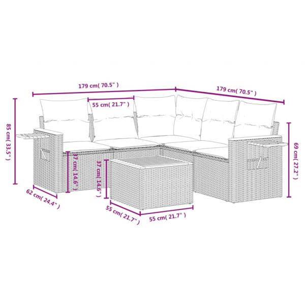 6-tlg. Garten-Sofagarnitur mit Kissen Grau Poly Rattan