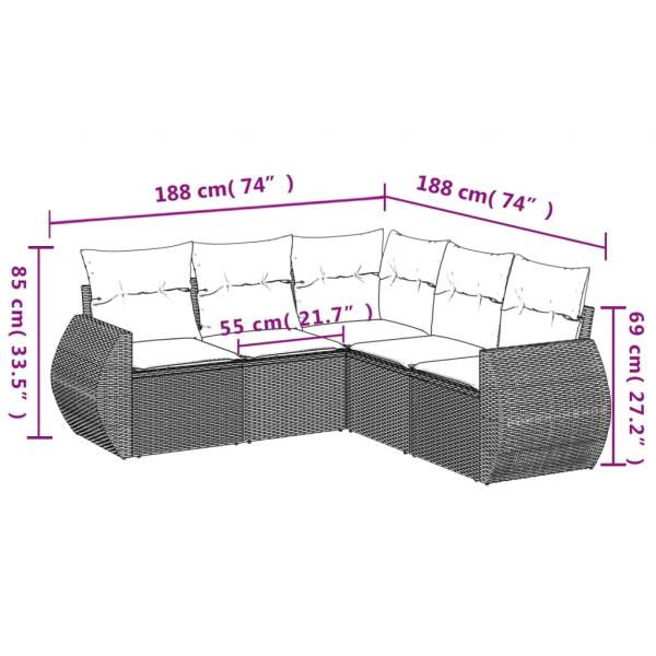 5-tlg. Garten-Sofagarnitur mit Kissen Grau Poly Rattan