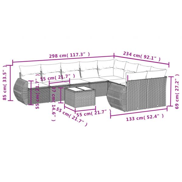 10-tlg. Garten-Sofagarnitur mit Kissen Grau Poly Rattan