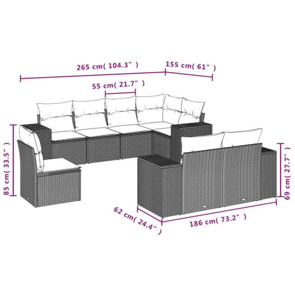 8-tlg. Garten-Sofagarnitur mit Kissen Schwarz Poly Rattan