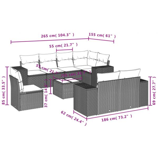 9-tlg. Garten-Sofagarnitur mit Kissen Grau Poly Rattan