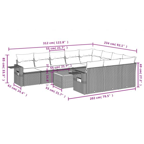 11-tlg. Garten-Sofagarnitur mit Kissen Grau Poly Rattan