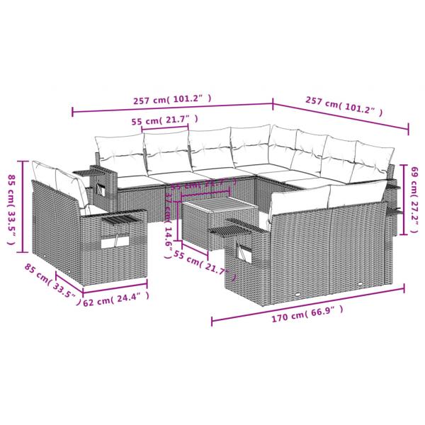 12-tlg. Garten-Sofagarnitur mit Kissen Grau Poly Rattan