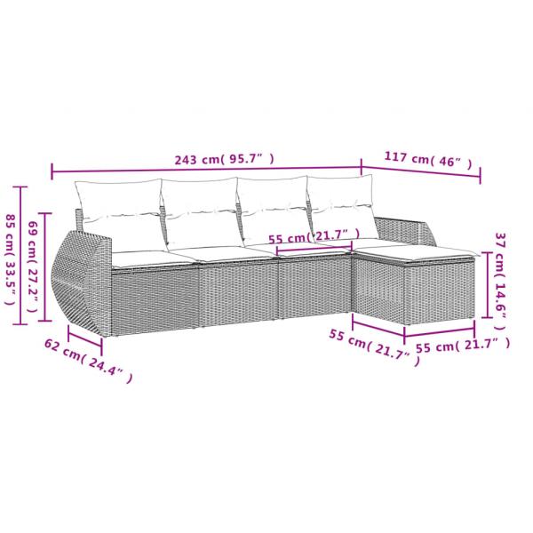 5-tlg. Garten-Sofagarnitur mit Kissen Grau Poly Rattan