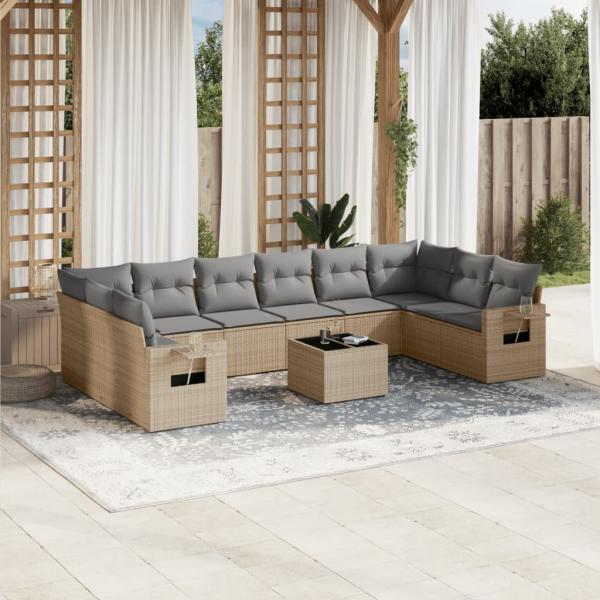 ARDEBO.de - 11-tlg. Garten-Sofagarnitur mit Kissen Beige Poly Rattan