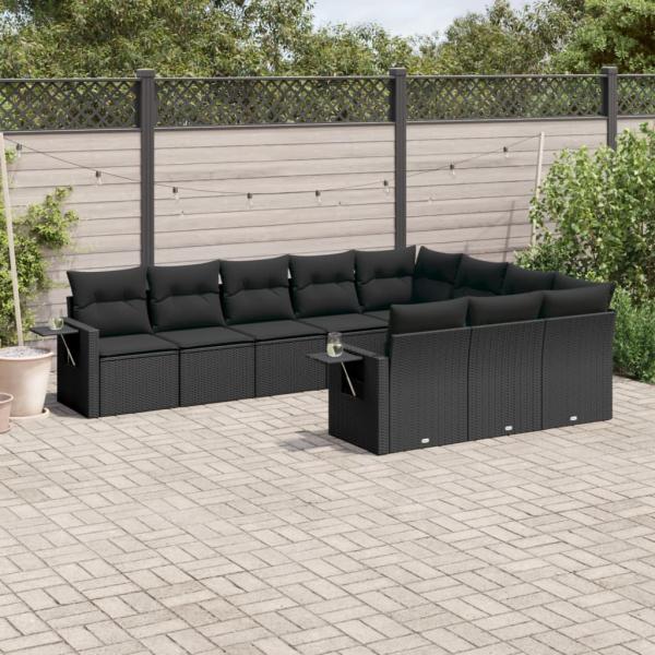 ARDEBO.de - 10-tlg. Garten-Sofagarnitur mit Kissen Schwarz Poly Rattan