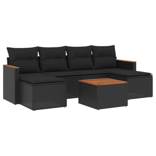 7-tlg. Garten-Sofagarnitur mit Kissen Schwarz Poly Rattan