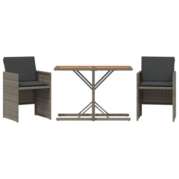 ARDEBO.de - 3-tlg. Bistro-Set mit Kissen Grau Poly Rattan