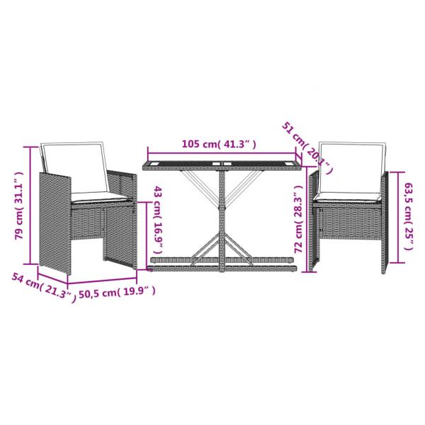 3-tlg. Bistro-Set mit Kissen Grau Poly Rattan