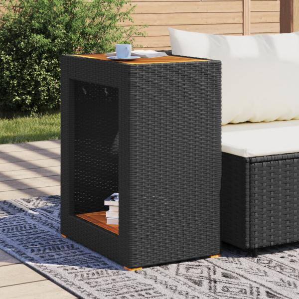 Garten-Beistelltisch mit Holzplatte Schwarz Poly Rattan