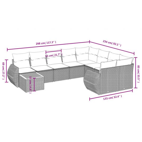 10-tlg. Garten-Sofagarnitur mit Kissen Grau Poly Rattan