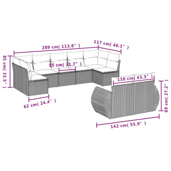 9-tlg. Garten-Sofagarnitur mit Kissen Grau Poly Rattan