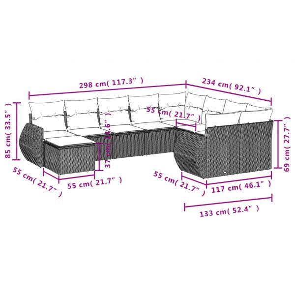 10-tlg. Garten-Sofagarnitur mit Kissen Grau Poly Rattan