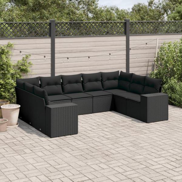 ARDEBO.de - 9-tlg. Garten-Sofagarnitur mit Kissen Schwarz Poly Rattan