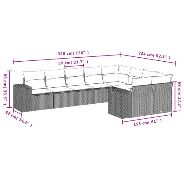 9-tlg. Garten-Sofagarnitur mit Kissen Schwarz Poly Rattan