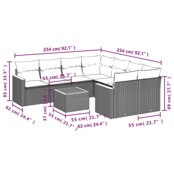 9-tlg. Garten-Sofagarnitur mit Kissen Schwarz Poly Rattan