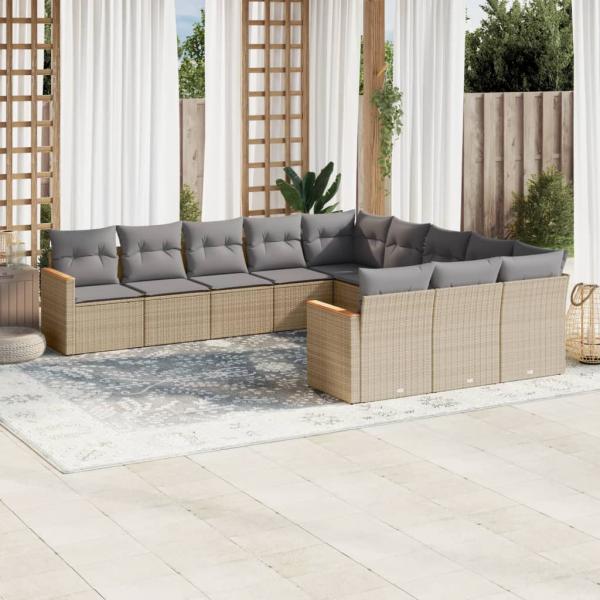 ARDEBO.de - 11-tlg. Garten-Sofagarnitur mit Kissen Beige Poly Rattan