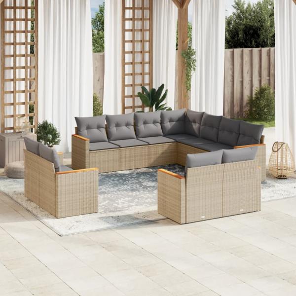 ARDEBO.de - 11-tlg. Garten-Sofagarnitur mit Kissen Beige Poly Rattan