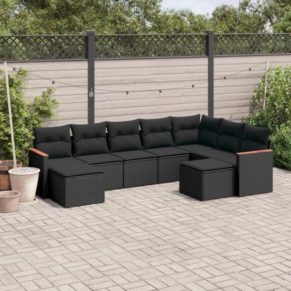 ARDEBO.de - 9-tlg. Garten-Sofagarnitur mit Kissen Schwarz Poly Rattan