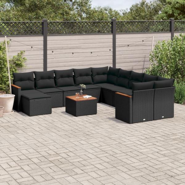 ARDEBO.de - 12-tlg. Garten-Sofagarnitur mit Kissen Schwarz Poly Rattan