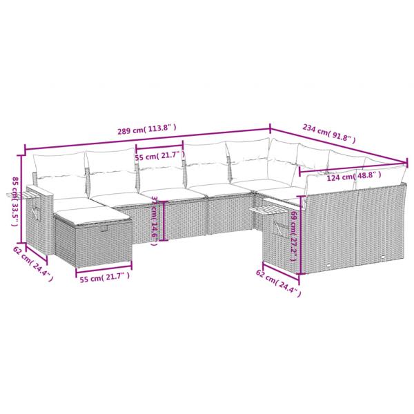 10-tlg. Garten-Sofagarnitur mit Kissen Beige Poly Rattan