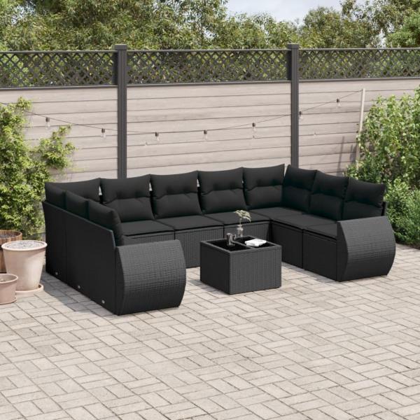 ARDEBO.de - 10-tlg. Garten-Sofagarnitur mit Kissen Schwarz Poly Rattan