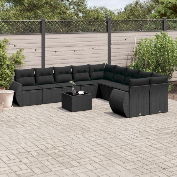 ARDEBO.de - 11-tlg. Garten-Sofagarnitur mit Kissen Schwarz Poly Rattan