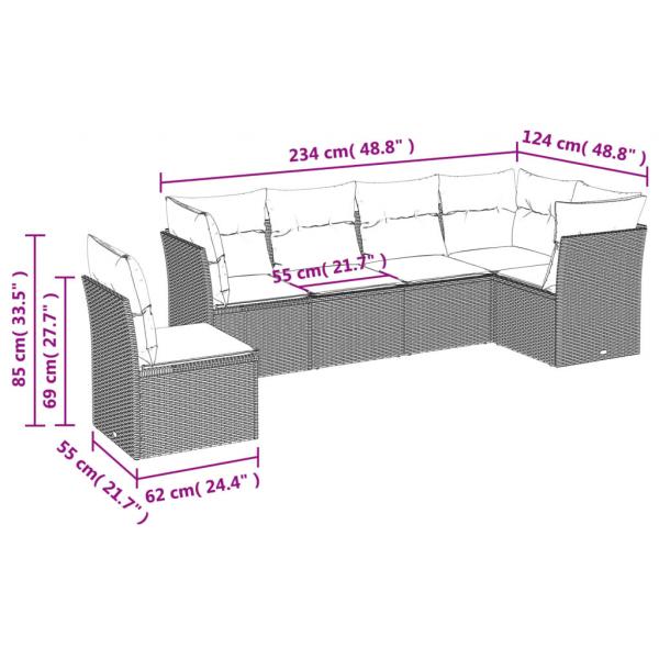 6-tlg. Garten-Sofagarnitur mit Kissen Grau Poly Rattan