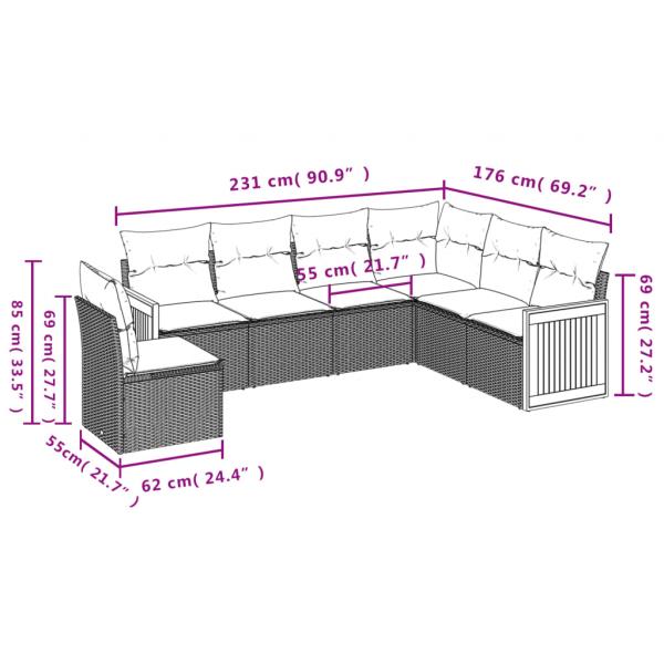 7-tlg. Garten-Sofagarnitur mit Kissen Schwarz Poly Rattan