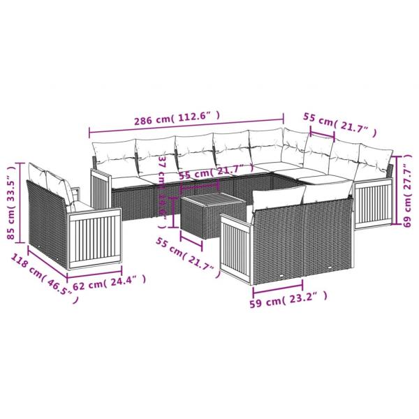 13-tlg. Garten-Sofagarnitur mit Kissen Schwarz Poly Rattan