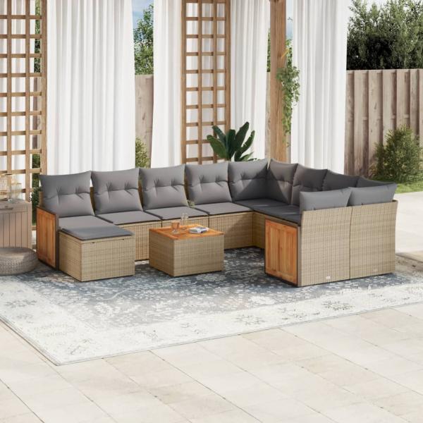 ARDEBO.de - 11-tlg. Garten-Sofagarnitur mit Kissen Beige Poly Rattan