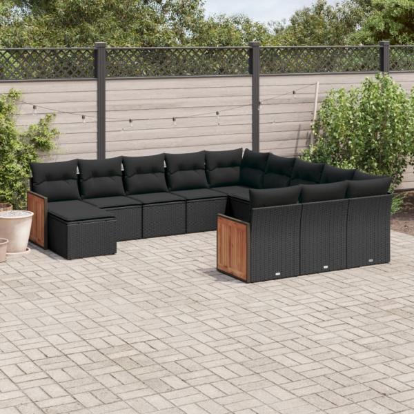 ARDEBO.de - 12-tlg. Garten-Sofagarnitur mit Kissen Schwarz Poly Rattan