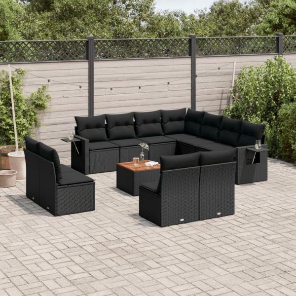 ARDEBO.de - 12-tlg. Garten-Sofagarnitur mit Kissen Schwarz Poly Rattan