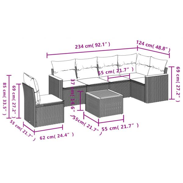 7-tlg. Garten-Sofagarnitur mit Kissen Grau Poly Rattan