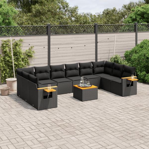 ARDEBO.de - 11-tlg. Garten-Sofagarnitur mit Kissen Schwarz Poly Rattan